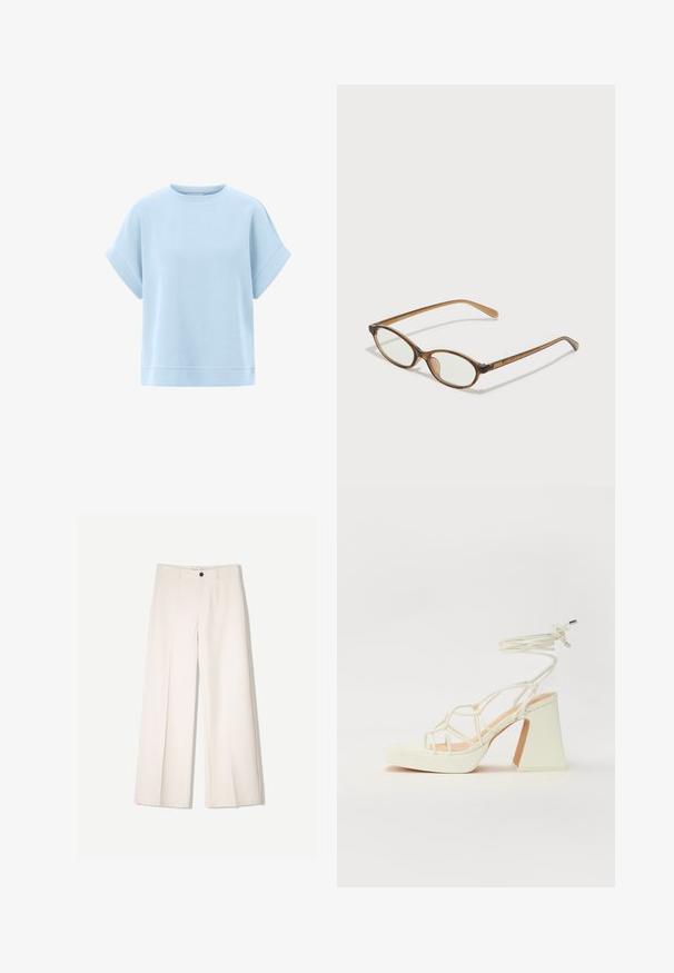 Felpa a maniche corte di colore azzurro chiaro, realizzata in tessuto morbido con una vestibilità comoda, scollatura rotonda e dettagli di orlo cuciti.; Pantaloni larghi color crema con design sartoriale, dotati di due tasche frontali e una chiusura con bottone anteriore, realizzati in tessuto liscio.; Sandalo bianco con tacco alto, caratterizzato da un design a cinturini e un legaccio alla caviglia. Texture liscia con una piattaforma frontale per un'altezza aggiuntiva.; Occhiali tortoiseshell marroni con lenti ovali, aste sottili e dettagli trasparenti. Presentano un logo sottile sulla tempia. Design elegante e leggero.