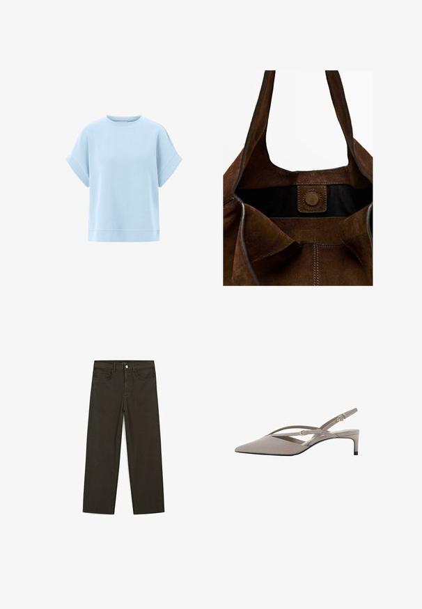 Light blue short-sleeve sweatshirt made of soft fabric with a relaxed fit, round neckline, and stitched hem accents.; Dark green wide-leg jeans made of cotton blend, featuring a front button closure, five pockets, and classic denim stitching.; Beige slingback heels with a pointed toe, thin crossed straps, and a short stiletto heel. Smooth fabric with gold-tone hardware accents.; Brown suede tote bag with long handles, interior black lining, magnetic button closure, and embossed logo. Soft texture and minimal design.