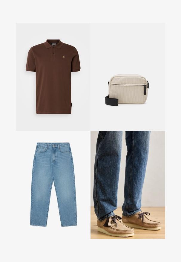 Brun polo-shirt i bomuldsstof med korte ærmer, tre-knaps lukning og et lille gult logo på brystet. Simpelt design.; Lys blå denim wide-leg jeans med høj talje, der har fem lommer, bæltestropper og en blød, let falmet tekstur.; Suedemokasiner i tan med mørkebrune accenter, rund tå og blød hvid sål. Har snøre-design og syede detaljer.; Cremefarvet kordfløjl crossbody taske med en sort lynlås, aftagelig skulderrem og struktureret mønster. Har et hovedrum og en frontlomme.