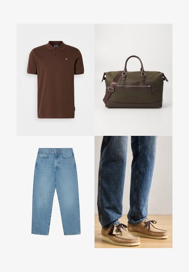 Brun polo-shirt i bomuldsstof med korte ærmer, tre-knaps lukning og et lille gult logo på brystet. Simpelt design.; Lyseblå denimjeans med lige ben, fem-lomme design og en let falmet struktur. Indeholder knap- og lynlåslukning.; Suedemokasiner i tan med mørkebrune accenter, rund tå og blød hvid sål. Har snøre-design og syede detaljer.; Canvas duffel bag i olivengrøn med brune læderdetaljer, der har dobbelte hanke, en aftagelig skulderrem og en frontlomme med lynlås.