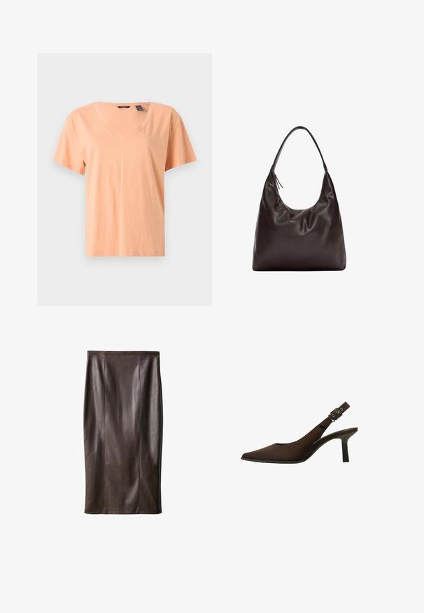 Short-sleeve, V-neck t-shirt in light peach, made from soft cotton material. Features a relaxed fit and subtle stitching along the hem.; Brown leather pencil skirt with a smooth texture, knee-length, featuring vertical seams for design. No additional hardware or accents.; Brown suede slingback pump with a pointed toe, sleek design, thin heel, and a buckle accent on the ankle strap.; Brown leather shoulder bag with a soft, slouchy design. The bag features a wide strap and minimalistic shape, complemented by subtle texture.