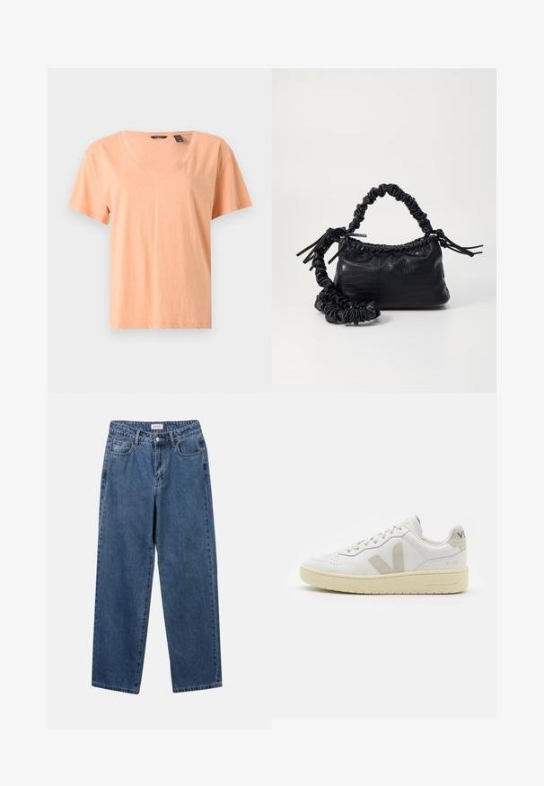 T-shirt à manches courtes, col en V, de couleur pêche clair, fabriqué en coton doux. Présente une coupe décontractée et une couture subtile le long de l'ourlet.; Jean en denim bleu classique avec une coupe droite, cinq poches et une fermeture par bouton. Présente un lavage moyen et une texture robuste.; Baskets blanches en cuir avec des accents en daim beige, boîte à orteils perforée, lacets plats et semelle texturée crème. Présente un logo discret au talon.; Sac à main en simili cuir noir avec une texture crocodile, un dessus resserré et une sangle froncée. A l'apparence douce et compacte.