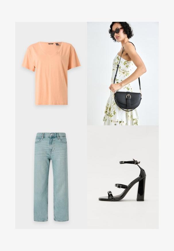 T-shirt a maniche corte e scollo a V in un delicato pesca, realizzata in morbido cotone. Presenta una vestibilità comoda e una cucitura sottile lungo l'orlo.; Jeans a gamba larga di colore blu chiaro realizzati in denim, con un classico design a cinque tasche, linee pulite e una vita regolare con chiusura a bottone.; Sandali con tacco in vernice nera, con punta squadrata, cinturini alla caviglia e fibbie in argento. Presentano un tacco a blocco spesso per maggiore stabilità.; Borsa a tracolla nera in pelle con una forma curva, manico rimovibile e accessori dorati. La borsa presenta una patta con un dettaglio a fibbia.