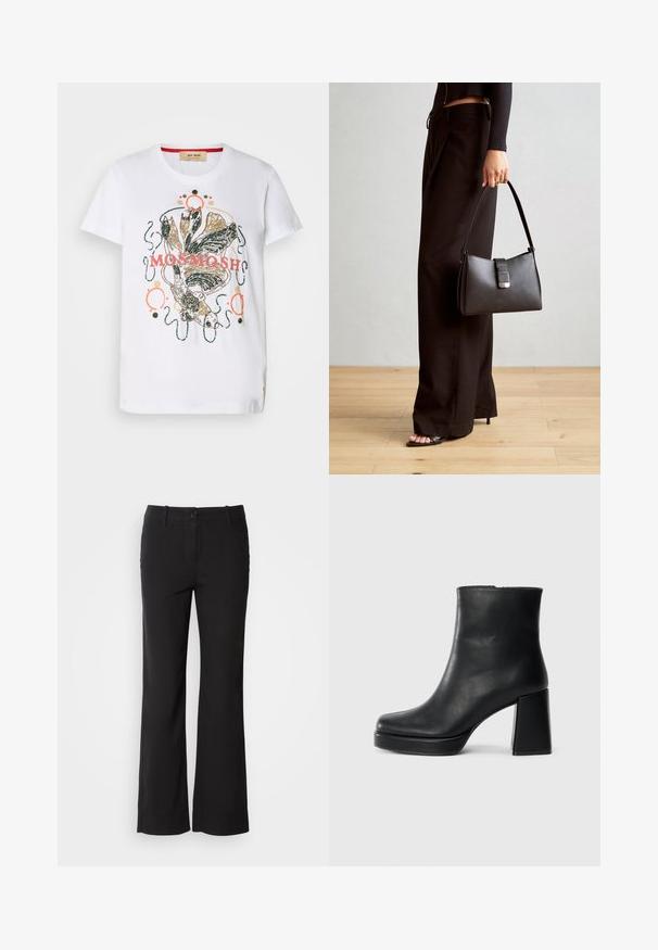 Valkoinen puuvillapaita, jossa on värikäs graafinen suunnittelu, jossa on kaloja ja koristeellisia käärmeitä, korostettuna vaaleanpunaisilla ja kultaisilla yksityiskohdilla.; Mustat puuvillasekoitetekstiilit, jossa on suora lahje, etunappi kiinnitys ja kaksi sivutaskua. Sileä rakenne, ei näkyviä kuvioita.; Musta nahkasaapas nilkkapituisena, jossa on paksu korko ja alustapohja, nähtynä sivulta yksinkertaisella valkoisella taustalla.; Musta käsilaukku, jossa on rakenteellinen muoto, sileä pinta ja metallinen solki. Yhdistetty leveisiin mustiin housuihin ja avonaiheisiin sandaaleihin puulattialla.