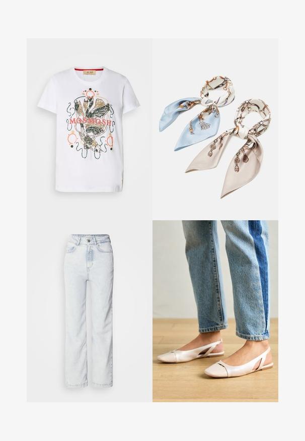 Bílé bavlněné tričko s barevným grafickým designem, na kterém jsou ryby a dekorativní spirály, doplněné růžovými a zlatými detaily.; Světlé modré džíny s vysokým pasem a rovnými nohavicemi, vyrobené z denimu. Mají knoflíkový zip, design s pěti kapsami a jemně bledou texturu.; Světle růžové slingback baleríny s špičatou špičkou, vyrobené z hladkého koženému materiálu. Obsahují vystřihovací detaily po stranách a plochý podpatek.; Anna Field 2 PACK - Šátek - blue/pink