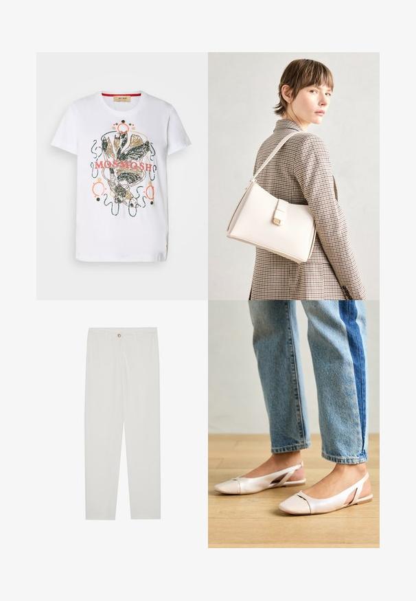 Hvit bomulls T-skjorte med et fargerikt grafisk design med fisk og dekorative svimerker, akkentuert med rosa og gull detaljer.; Hvite, skreddersydde bukser med rette ben, med knapplukking, beltehemper og sidelommer; glatt tekstur.; Lys rosa slingback leiligheter med spiss tå, laget av et glatt, læraktig materiale. Har utskjæringer på sidene og lav hæl.; Hvit lær veske med en strukturert design, med magnetlås og skulderstropp, vist mot en nøytral bakgrunn.