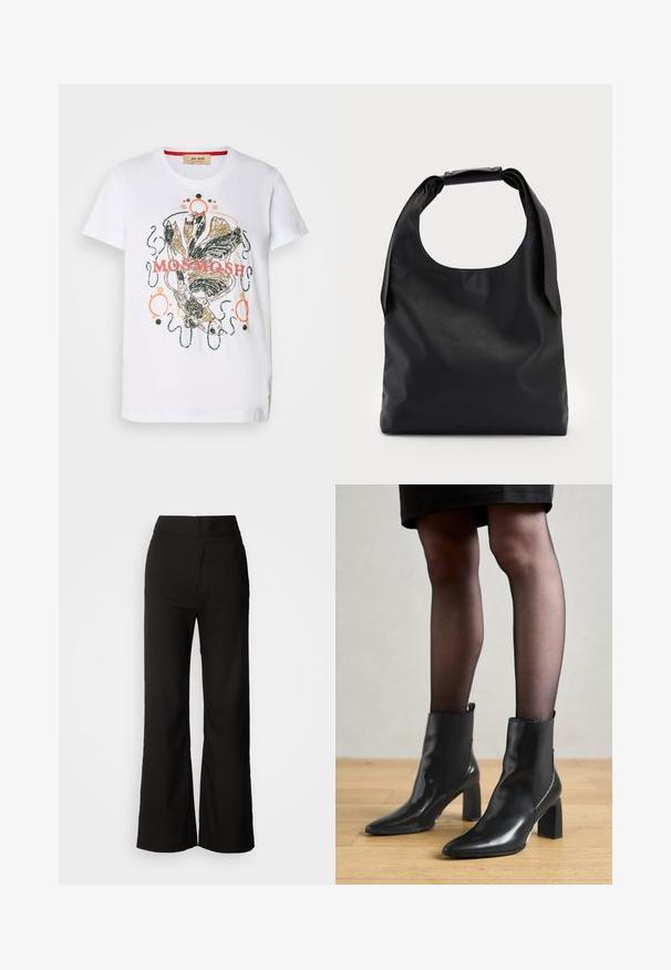 Biała bawełniana koszulka z kolorowym wzorem przedstawiającym ryby i dekoracyjne spirale, akcentowana różowymi i złotymi detalami.; Czarne spodnie z szerokimi nogawkami o gładkiej fakturze, wysokim stanie i minimalistycznym designie. Brak widocznych kieszeni i zdobień.; Czarne skórzane botki za kostkę z ostro zakończonym noskiem, masywnym kwadratowym obcasem i eleganckim designem. Posiadają elastyczne boczne panele dla łatwego zakładania.; Czarna skórzana torba hobo z pojedynczym, miękkim, zaokrąglonym uchwytem; charakteryzuje się gładką teksturą i minimalistycznym designem. Brak widocznych elementów metalowych lub akcentów.; Srebrne kolczyki w formie obręczy o minimalistycznym designie. Okrągły kształt, gładka faktura i cienki profil. Lekkie, z polerowanym wykończeniem.