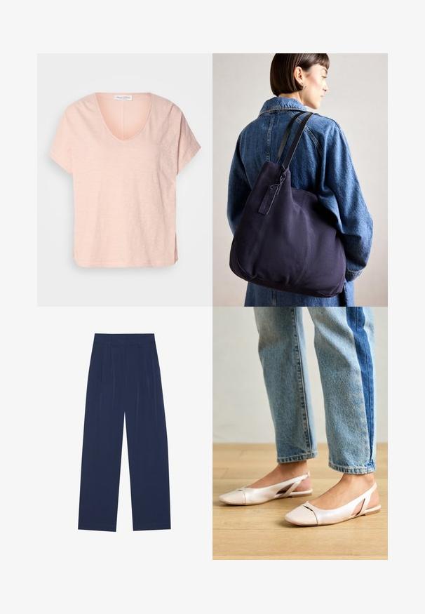 Világos rózsaszín rövid ujjú póló V-nyakkal és oldalsó hasítékokkal. Puha, texturált anyagból készült. A márkajelzés jól látható a nyakrészén.; Sötétkék, bő szárú nadrág puha anyagból, elől redőkkel, sima textúrával, egyenes szabással, látható zsebek nélkül.; Világos rózsaszín slingback laposlábú cipők, hegyes orral, sima bőrhatású anyagból készült. Oldalt kivágott részletek találhatók rajta, valamint lapos sarkú.; Tengerészkék vászon válltáska, puha, struktúrált formával, fekete pánttal, varrott részletekkel és egy kis márkajelzéssel.