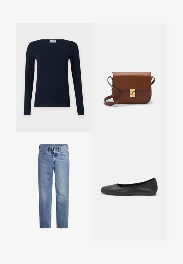 Marineblauwe longsleeve T-shirt, gemaakt van zachte katoen. Kenmerkt zich door een ronde hals, slim fit en een regulier boord zonder zichtbare patronen of accenten.; Lichtblauwe spijkerbroek met een rechte snit, vijf zakken en een knoopsluiting. Heeft subtiele vervaging en oranje stikselaccenten.; Zwarte leren ballerina met een ronde neus, gladde textuur, minimale stikdetails en een flexibele zoolontwerp.; Bruine leren handtas met een klep sluiting, gouden hardware, een schouderband en een gladde textuur. Compact rechthoekige vorm.