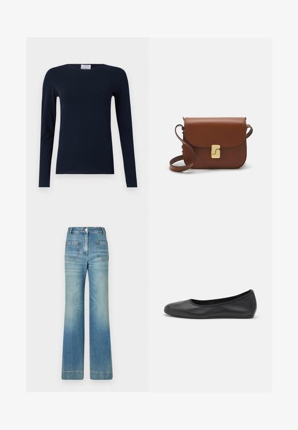 Marineblaues Langarm-T-Shirt aus weicher Baumwolle. Verfügt über einen runden Hals, Slim-Fit-Schnitt und einen regulären Saum ohne sichtbare Muster oder Akzente.; Helle blaue, ausgestellt geschnittene Jeans aus Denim mit fünf Taschen, Gürtelschlaufen, Knopfverschluss und einer leicht verblassten Textur, die ein rotes Logodetail auf der Rückseite aufweist.; Schwarze Leder-Ballettschuhe mit abgerundeter Spitze, glatter Textur, minimalen Nähdetails und einem flexiblen Sohlen-Design.; Braune Ledertasche mit Klappenverschluss, Beschlägen in Goldfarbe, einem Schultergurt und einer glatten Oberfläche. Kompakte rechteckige Form.