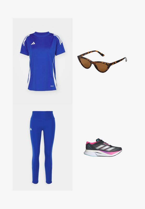 Tricou sportiv albastru cu dungi albe pe umeri, având guler rotund și eticheta "AEROREADY" pe tiv. Fabricat dintr-un material neted, ușor.; Leggings atletice albastre cu talie înaltă, realizate dintr-un material elastic, având un logo alb pe șoldul stâng și tivuri discrete.; Pantofii de alergare au un superior din plasă gri, accente roz și dungi albe. Dispune de o talpă căptușită și un design elegant, aerodinamic.; Ochelari de soare în stil cat-eye, cu o ramă din material cu tortoiseshell negru și portocalie, lentile maro și vârfuri elegante, ascuțite. Prezintă un logo minimal pe brățara ochelarilor.