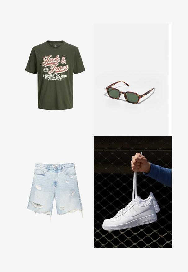 Grünes Baumwoll-T-Shirt mit kurzen Ärmeln und Rundhalsausschnitt, mit großen weißen und rosa Aufdruck "Jack & Jones Denim Goods" sowie Logo.; Helle blaue Jeansshorts mit distressed Details, fransigem Saum, fünf Taschen, Metallknopfverschluss und Gürtelschlaufen. Lässiger, lockerer Schnitt.; Weiße Leder-Sneaker mit Perforationen, runder Zehenpartie, flacher Sohle und dicken Schnürsenkeln, mit sichtbar eingesticktem Swoosh-Logo und "AIR" an der Ferse.; Schildpatt-Sonnenbrille mit grünen Gläsern, in einer achteckigen Form und schlanken, gebogenen Bügeln. Das Material hat eine glänzende Oberfläche.