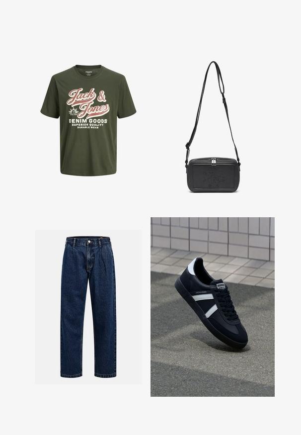 Žalias medvilninis trumpas rankovėmis marškinėliai su apvaliu kaklu, su dideliu baltu ir rožiniu tekstu "Jack & Jones Denim Goods" ir logotipu.; Tamsiai mėlynos džinsinės kelnės su tiesiu sijonu. Savybė - matoma siūlė, mygtuko uždarymas ir priekinei daliai raukiniai, suteikiantys papildomą detales.; Juodas odinis sportinis batelis su baltais dryžiais, tekstūruota gumine padais ir raišteliais priekyje. Yra prekės ženklą žymintis etiketė ant liežuvio.; Juodas odinis per petį nešiojamas krepšys su užtrauktuku, iškilniu logotipu priekyje ir reguliuojama dirželiu. Lygus paviršius, stačiakampio formos.