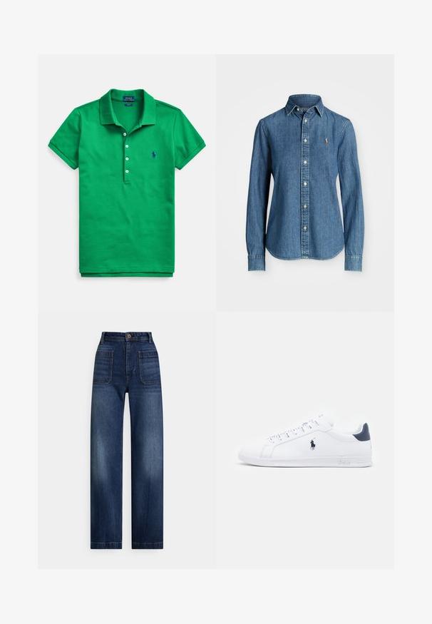 Rohelise värvi polo-särk, mis on valmistatud puuvillast, klassikalise krae, lühikeste varrukate, kolmeknupulise plakeeringu ja väikese sinise logoga rinnal.; Keskmiselt sinine teksapaita, pikkade varrukatega, nööpidega krae ja logoga aksent rinnal. Omab kumerat äärist ja standardset lõiget.; Kõrge vöökohaga tumedasinised sirge säärega teksapüksid esipraadidega, vööaasade ja nööpidega sulgemisega.; Valged nahast spordijalanõud sileda pinnaga, tumesinised detailid ja väike logo külgedel. Omab lapikud paelu ja tekstureeritud kummitalda.