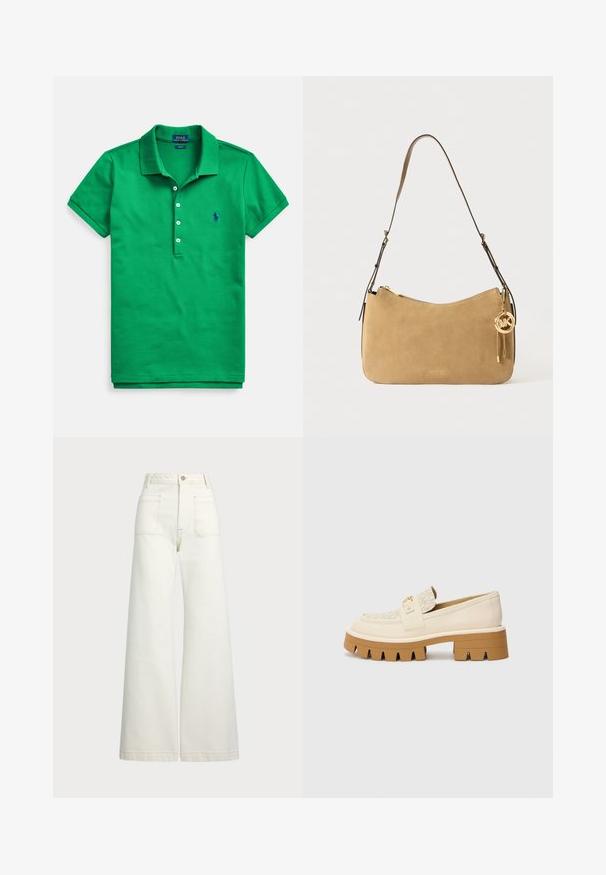 Grønn polotrøye i bomull med klassisk krage, korte ermer, treknappet stolpe og en liten blå logo på brystet.; Vidde bukser i off-white denim. Høyt liv-design med knappelukking, to frontlommer og kontrastsøm detaljer.; Beige loafers med en teksturert kremfarget stropp, med en kraftig brun såle med tannlignende mønstre. Gullfarge på spenne-detaljen.; Brun suède skulderveske med buet fasong, gullfarget hardware og glidelås. Har en vedlagt charm med initialene "MK."