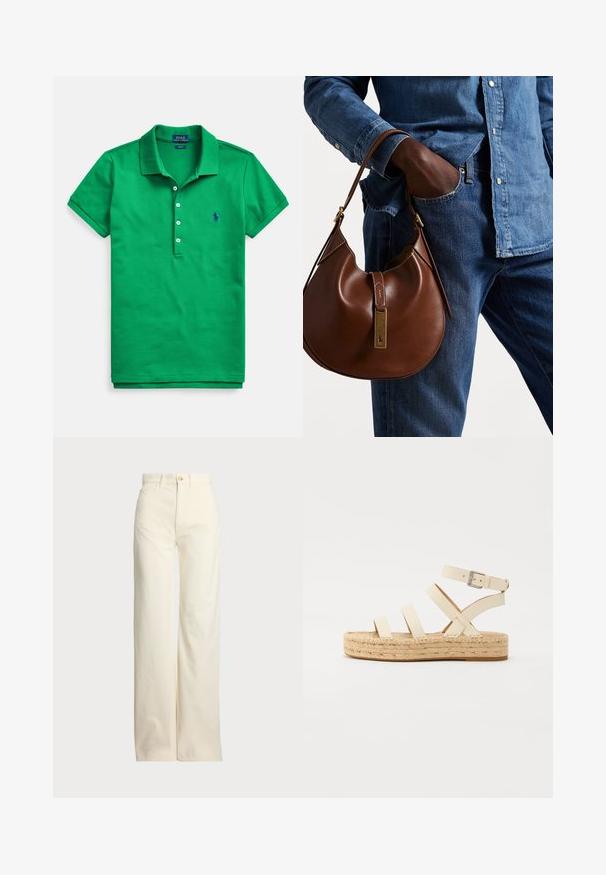 Polo verde feito de algodão, com gola clássica, mangas curtas, pala com três botões e um pequeno logótipo azul no peito.; Polo Ralph Lauren COTTON CORDUROY WIDE-LEG PANT - Calças - warm white; Sandálias de couro bege com tiras cruzadas, detalhe em fivela e sola plataforma de juta. O design apresenta uma textura grossa entrelaçada e base plana.; Bolsa hobo de couro castanho com forma arredondada, apresentando um acabamento em metal dourado e costura em contraste. Combinada com uma camisa de ganga e jeans.