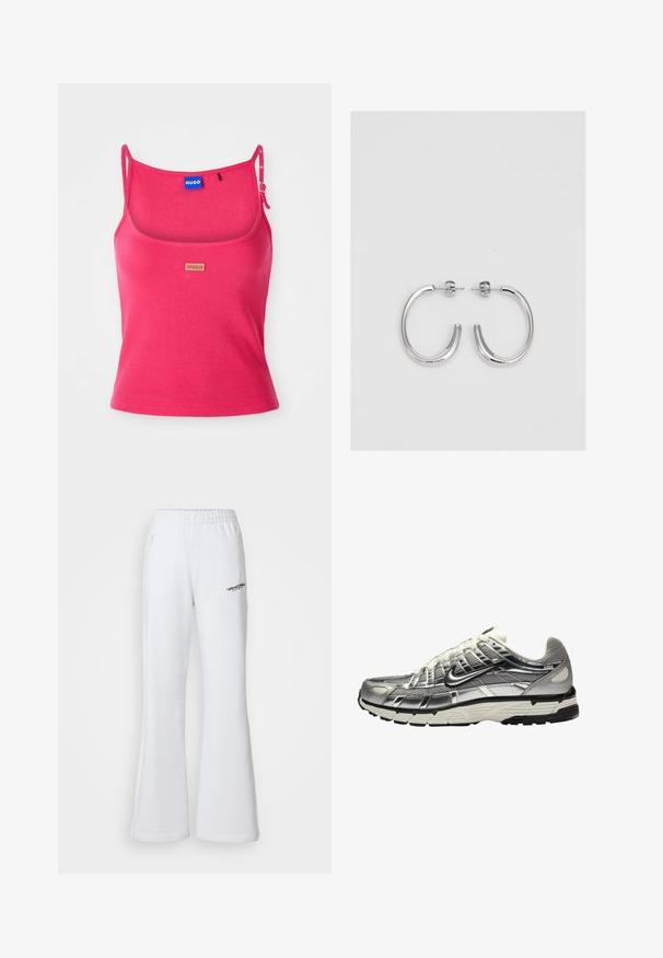 Dopasowany różowy top na ramiączkach wykonany z żebrowanej tkaniny. Posiada regulowane ramiączka oraz małą brązową metkę z logotypem z przodu. Gładka tekstura.; Białe dresowe spodnie o szerokim kroju, z elastycznym paskiem, bocznymi kieszeniami na zamek i małym logo na przodzie. Gładki materiał bawełniany.; Srebrny i czarny but sportowy z siateczkowej i syntetycznej cholewki, o obszernej konstrukcji i teksturowanym wykończeniu. Posiada wyściełany kołnierz oraz gumową podeszwę.; Srebrne kolczyki na biglu o gładkim, błyszczącym wykończeniu. O zaokrąglonym kształcie, lekkim designie, z zamknięciem na zatrzask.