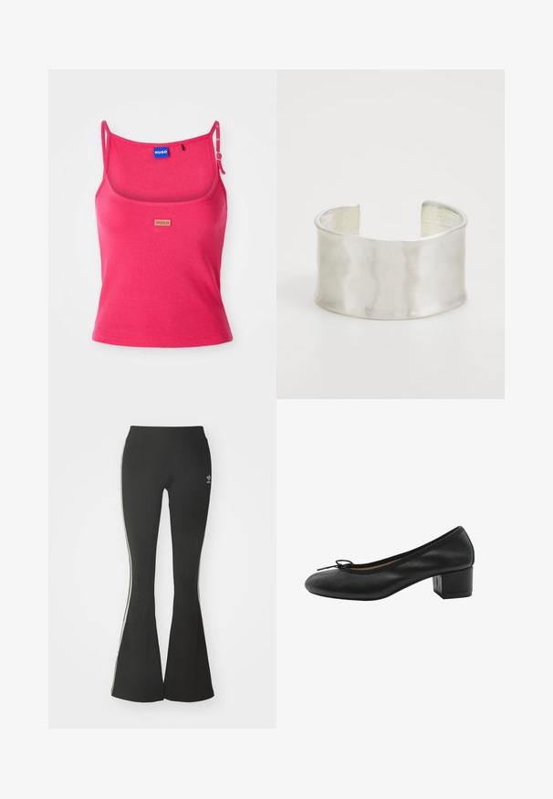 Top de tirantes rosa ajustado fabricado en tejido acanalado. Presenta tirantes ajustables y una pequeña etiqueta de logo marrón en la parte delantera. Textura suave.; Leggings acampanados negros de tejido elástico, con una cintura alta y rayas laterales blancas. Incluye un pequeño logo en la cintura.; Zapato de tacón de cuero negro con punta redonda, pequeño detalle de lazo en la parte delantera y tacón cuadrado. Textura suave con acentos de diseño mínimos.; Zign Pulsera - silver-coloured