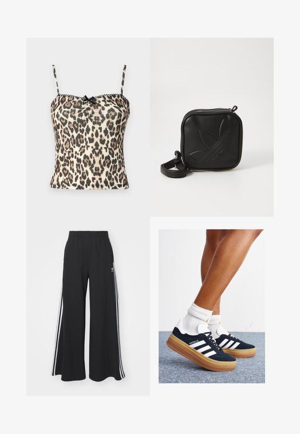Leopard print camisole with thin black straps, textured fabric, and a gathered center detail. Features a black bow accent at the neckline.; Black wide-leg sweatpants with an elastic waistband, featuring white side stripes and an embroidered logo on the left thigh.; Black suede sneakers with white stripes and accents, rounded toe, gum rubber outsole, paired with white ribbed crew socks.; Black square crossbody bag made of textured synthetic material. Features an embossed logo design and adjustable strap. Zipper closure.