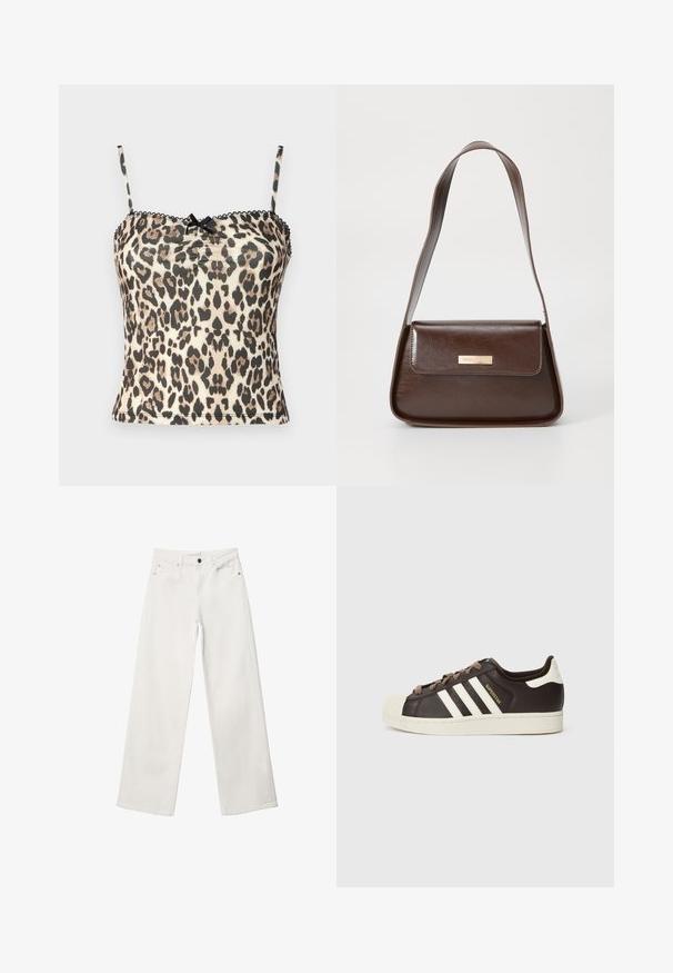 Camisole kuvioto ya leopard yenye mikanda myembamba ya buluu, kitambaa kilichokuwa na muonekano wa kipekee, na kipengele kilichokusanywa katikati. Ina mapambo ya upinde mweusi kwenye shingo.; Valkoiset leveälahkeiset farkut, joissa on korkea vyötärö, viisi taskua ja metallinen napp closure. Nämä farkut ovat sileäpintaiset ilman kuvioita.; Matala Adidas Superstar -tennari tummanruskeasta nahasta, jossa on kermahtava kuorikärki, valkoiset raidat ja "Superstar"-teksti sivussa.; Ruskea nahkainen olkalaukku, jossa on rakenteellinen muotoilu, ja jossa on magneettinen läppäkiinnitys sekä metallinen logo korostus edessä.