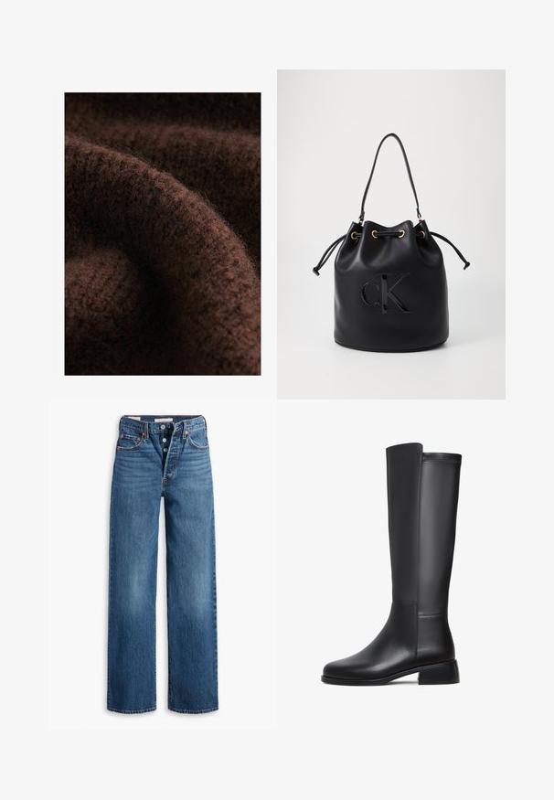 Tissu tricoté marron avec une texture douce et duveteuse et des variations subtiles de ton, mettant en valeur les motifs de points complexes et la chaleur.; Jean en denim bleu avec une coupe large, cinq poches, braguette à boutons et piqûres contrastées. Tissu texturé avec un fini délavé.; Botte noire en cuir montant, avec une texture lisse, un bout rond, un petit talon carré et des détails de couture subtils sur le côté.; Sac seau en cuir noir avec fermeture à cordon, arborant un logo "CK" brillant sur le devant et des accents en métal doré.