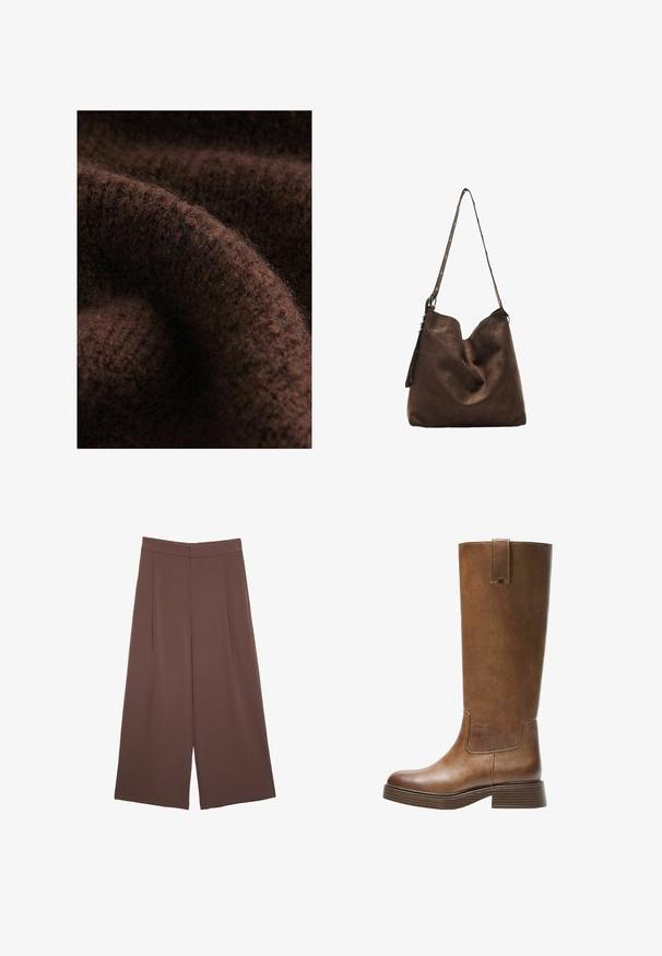Hnědá pletená textilie s měkkou, načechranou strukturou a jemnými variacemi v tónu, zdůrazňující složité vzory stehu a teplo.; Hnědé široké kalhoty s hladkou texturou, vysokým pasem a předními záhyby. Materiál je lehký a volně splývá.; Hnědé kožené vysoké boty na kolena s kulatou špičkou, texturovaným povrchem a nízkým patem s podstavcem. Obsahují boční panel a poutko na horní části.; Hnědá semišová hobo taška s zakřiveným vrškem, dlouhým popruhem s tečkovanými akcenty a měkkou texturou. Disponuje uvolněným designem pro každodenní nošení.