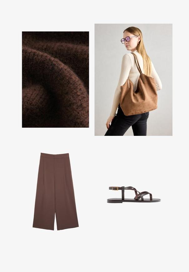 Hnedá pletená tkanina s jemnou, chlpatou textúrou a subtilnými variáciami odtieňa, ktorá zvýrazňuje zložitosti vzorcov stehov a teplo.; Hnedé nohavice so širokými nohavicami a hladkou textúrou, s vysokým pásom a prednými skladmi. Tkanina je ľahká a voľne sa pohybuje.; Hnedé kožené sandály s krížovými popruhmi, uzatváraním na pracku okolo členku a plochou podrážkou s minimálnymi ševmi.; Hnedá semišová taška na rameno s mäkkou textúrou, veľkým otvorom a dlhými popruhmi. Má jednoduchý dizajn s viditeľným šitím a bez kovových prvkov.