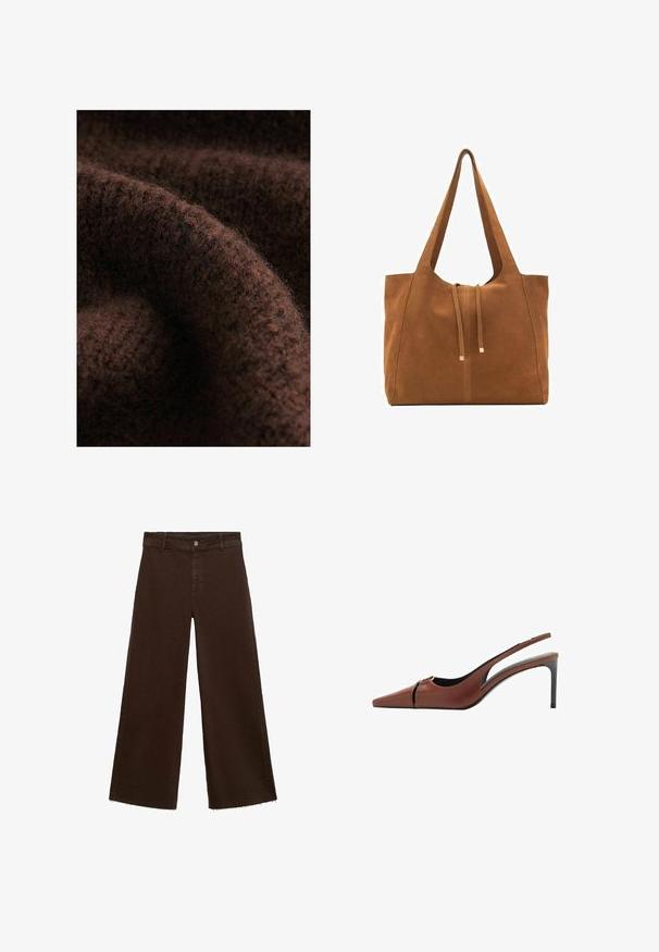 Braun gestrickter Stoff mit einer weichen, flauschigen Textur und subtilen Farbvariationen, die die komplexen Stichmuster und Wärme betonen.; Braune, weit geschnittene Hosen aus Baumwollmischung mit fransigem Saum, vorderem Knopfverschluss und klassischem Fünf-Taschen-Design. Minimalistisch und vielseitig.; Braune Leder Slingback-Pumps mit spitzer Zehe, Ausschnittdetail am Vorderblatt und elegantem Stiletto-Absatz. Glatte Textur.; Braune Wildleder-Tasche mit zwei langen Trägern, Zugverschluss und minimalistischem Design. Glatte Textur und keine sichtbaren Hardware-Details.