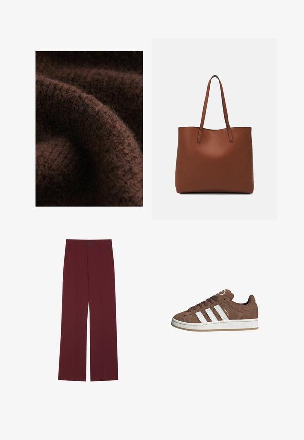Bruine gebreide stof met een zachte, donzige textuur en subtiele toonvariaties, die de ingewikkelde steekpatronen en warmte benadrukken.; Bordeauxkleurige broek met een wijd pootontwerp, voorzien van een knoopsluiting, twee zijzakken en vooraan geplooide details. Soepele stofstructuur.; Bruine suède sneaker met witte leren strepen, rubberen zool, ronde neus en vetersluiting. Kenmerkt zich door een logo op de tong en geperforeerde accenten.; Bruine leren tote bag met een gladde textuur, een ontwerp met een open bovenkant en twee schouderbanden. Kenmerkt zich door minimale stiksels en geen zichtbare hardware.