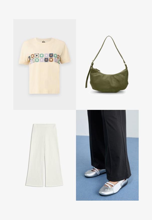 Sahnefarbendes Baumwoll-T-Shirt mit einem horizontalen Blockmuster aus stilisierten Blumen in verschiedenen Farben. Kurzärmelig und mit Rundhalsausschnitt.; Weiße, weit geschnittene Hosen aus glattem Stoff. Sie haben eine hohe Taille und keine sichtbaren Nähte, was eine klare Silhouette schafft.; Silberne und weiße flache Schuhe mit überkreuzten Riemen und strukturierten Details, ergänzt durch lockere schwarze Hosen. Vor einem blauen Boden.; Olivgrüne Leder Schultertasche mit geschwungener Form, Reißverschluss und verstellbarem Tragegurt. Glatte Textur mit minimalen Hardware-Akzenten.