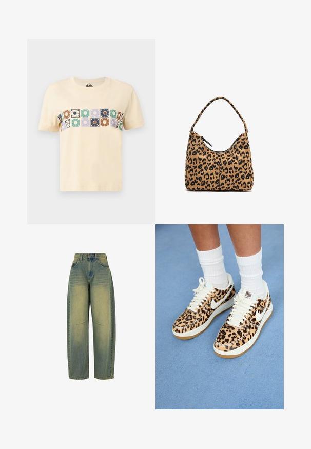 Sahnefarbendes Baumwoll-T-Shirt mit einem horizontalen Blockmuster aus stilisierten Blumen in verschiedenen Farben. Kurzärmelig und mit Rundhalsausschnitt.; Weite Jeans aus Denim in Hellblau mit ausgewaschener Textur. Fünf Taschen und hohe Taille. Sauberer Saum und dezente Nähdetails.; Nike Air Force 1 Sneakers im Leopardenmuster mit weißen Schnürsenkeln und Swoosh, ausgestattet mit einer beige Gummisohle und einer strukturierten Oberseite. Weiße Crew-Socken sichtbar.; Tasche mit Leopardenmuster und abgerundetem Griff, aus weichem Stoff gefertigt, mit einem Reißverschlussverschluss oben und schwarzen Akzenten an den Kanten.