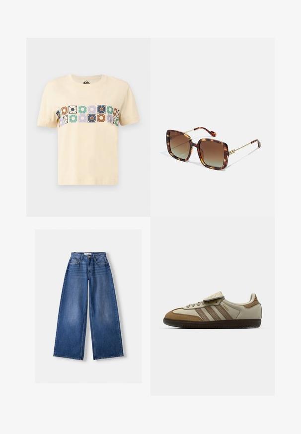 Kræmfarvet bomulds T-shirt med et horisontalt blokmønster af stiliserede blomster i forskellige farver. Korte ærmer og rund halsudskæring.; Bershka WIDE-LEG - Wide leg - dark blue; Brun og creme atletisk sko med tre beige striber, lavet af ruskind og læder, snørelukning og gummisål. Tekstlogo på siden.; Brune skildpaddemønstrede solbriller med firkantet form, gradientlinser og guldmetalaccenter på stænger og arme. Tekstureret overflade.