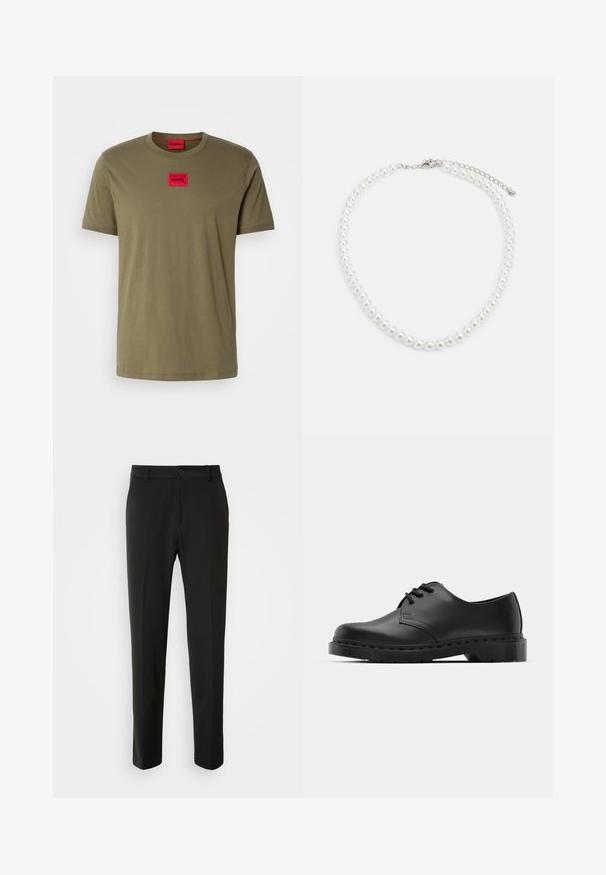 Olíva zöld pamut póló kerek nyakkal, rövid ujjakkal és piros négyzet alakú logóval a mellkason. Sima textúra.; Fekete nadrág sima szövetből, egyenes lábakkal, gombos záródással és klasszikus designnal, amely alkalmas formális vagy hétköznapi viseletre.; Fekete bőr oxford cipő fűzős kialakítással, kerek orral, lapos gumitalppal és finom varrással a felső részen.; Fehér gyöngy nyaklánc, egységes kerek alakú, sima felületű, fémből készült kapoccsal, állítható hosszúságú meghosszabbító lánccal.