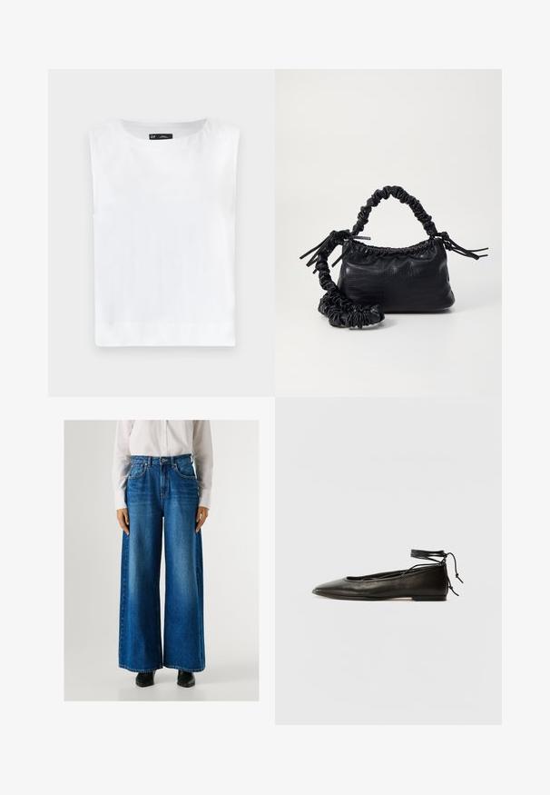 Balts bez piedurknēm tops ar apaļu kakla izgriezumu, izgatavots no mīksta auduma. Taisna apakšmala bez redzamām rakstām vai rotājumiem.; Zili-snapjā labi bikses ar augstu vidukli, izgatavotas no denima, ar priekšējām kabatām un pogu aizdari. Gluda tekstūra ar klasisku mazgāšanu.; Melnas ādas baleta kurpes ar smailu purngalu, potītes saitēm un plakanu zoli, kas izceļas ar gludu tekstūru un minimālistisku dizainu.; Melnā mākslīgās ādas rokassoma ar krokodila rakstu, savilkta augšdaļa un saburzīta siksna. Izskatās mīksta un kompakta pēc dizaina.