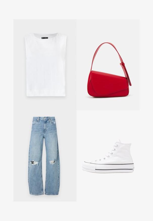 Weißes ärmelloses Top mit rundem Halsausschnitt, aus weichem Stoff gefertigt. Gerader Saum ohne sichtbare Muster oder Verzierungen.; Helles, hochtailliertes Jeans aus Denim. Hat weit geschnittene Beine, zwei aufgerissene Kniebereiche und klassischen Fünf-Taschen-Stil.; Weiße hochwertige Leinensneaker mit schwarzer Gummisohle, vorderem Gummizehenschutz und sechs Ösen für Schnürsenkel, die ein sauberes, minimalistisches Design aufweisen.; Rote Lederhandtasche mit einem kantigen, geometrischen Design. Verfügt über einen verstellbaren Schulterriemen und einen Klappenverschluss mit genähten Details.