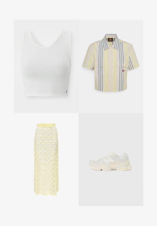 White crop top featuring a textured fabric, scoop neckline, and a layered back design with a small logo accent on the side.; Cropped short-sleeve shirt in light yellow with vertical green and pastel stripes. Features two chest pockets and a logo patch on the left pocket.; Yellow lace maxi skirt with a wavy pattern, featuring a smooth waistband and soft, sheer texture. Designed for a flowy silhouette.; Lightweight sneaker featuring a mesh and suede upper in soft cream tones, with a chunky sole and three-dimensional accents.