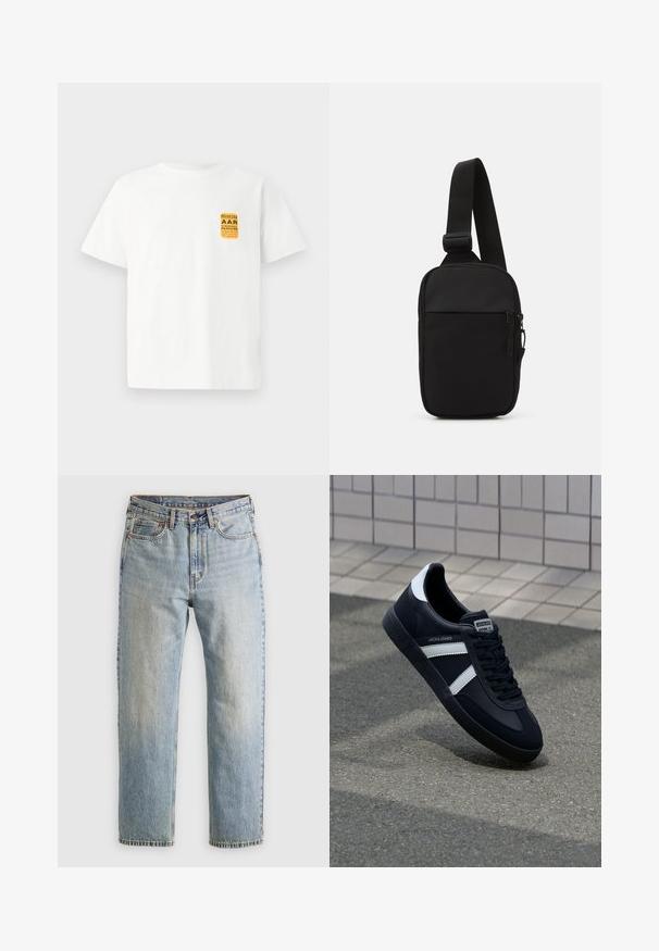 White cotton t-shirt with short sleeves featuring a yellow and black graphic design on the upper left side.; Light blue denim jeans with high waist, front button, zipper, and five-pocket design, laid flat on a neutral background.; Black leather sneaker with white stripes, textured rubber sole, and lace-up front. Features a branded label on the tongue.; Black crossbody bag made of durable fabric, featuring a single adjustable strap, a zippered main compartment, and a front pocket.