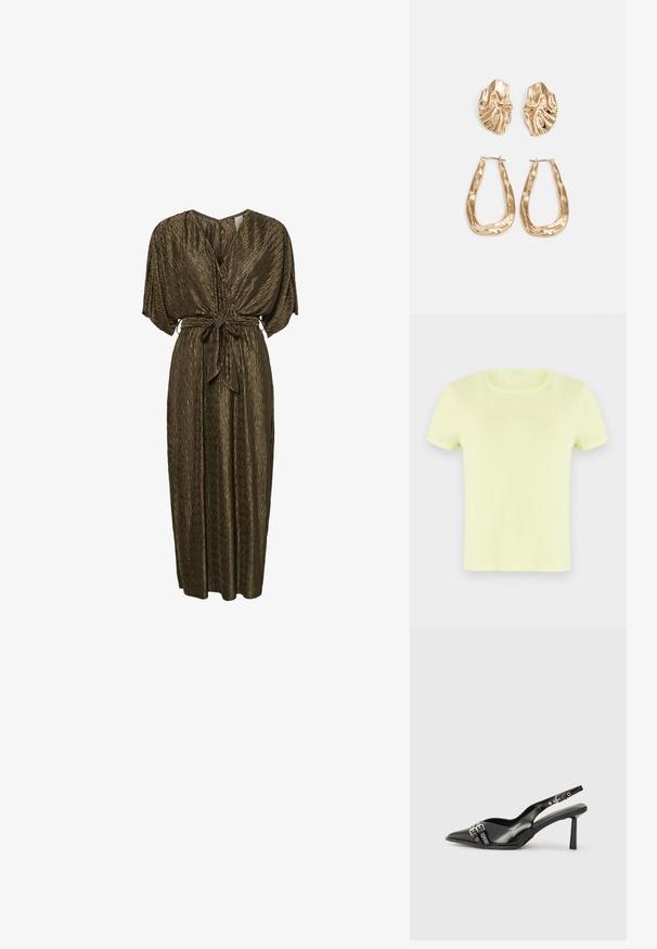 T-shirt jaune néon à manches courtes en coton. Doté d'un col rond classique et d'une texture lisse et légère.; Robe maxi plissée marron avec un col en V, des manches larges et une ceinture nouée à la taille. Texture lisse avec un éclat subtil.; Chaussure slingback en cuir verni noir avec un embout pointu, des brides de cheville avec des boucles en argent et des éléments en métal, et un talon fin.; Sac à main en métal doré avec un design structuré, texture lisse et bandoulière ajustable. Présente une forme triangulaire unique et des coutures minimalistes.; Boucles d'oreilles dorées présentant des formes texturées et ondulées. Comprend des clips sculpturaux et un design de créoles ouvertes avec une finition martelée.