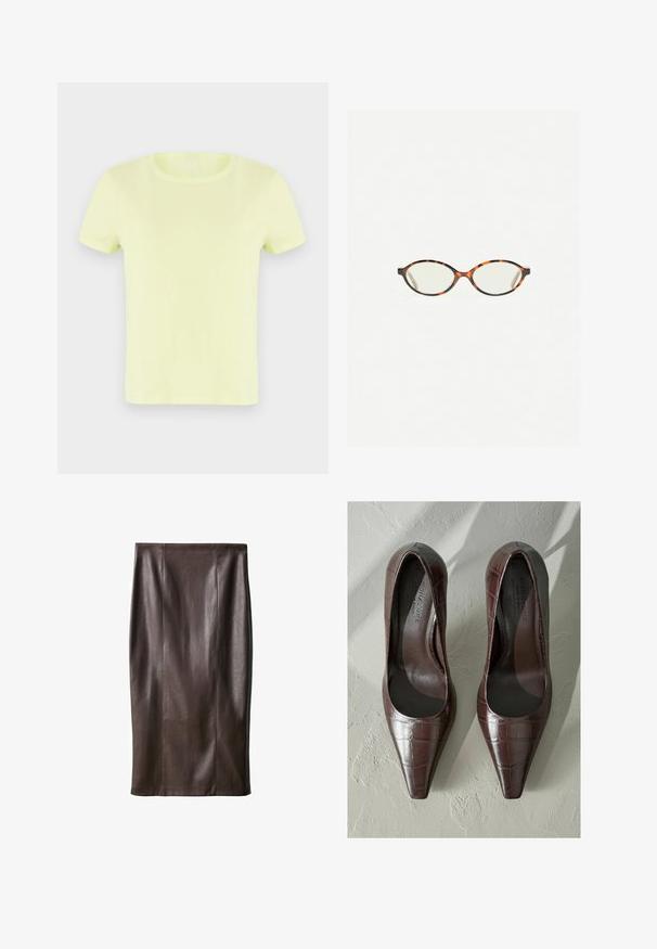 Neon žluté tričko s krátkým rukávem vyrobené z bavlny. Má klasický kulatý výstřih a hladkou, lehkou texturu.; Hnědá kožená sukně na tužku se hladkou strukturou, délka po kolena, s vertikálními švy pro design. Žádné další kovové prvky nebo akcenty.; Hnědé lakované lodičky s špičatou špičkou, se strukturou krokodýlí kůže a hladkým interiérem. Navrženo pro elegantní vzhled.; Želvovinové brýle s oválnými čočkami a hladkým, jemným povrchem. Má tenké bočnice s jemným zakřivením v chrámcích. Čiré čočky.; Černá kožená kabelka přes rameno s hladkým povrchem, zakřiveným tvarem a jedním nastavitelným popruhem, který je zdoben zlatými kovovými prvky a brandovaným detailem.