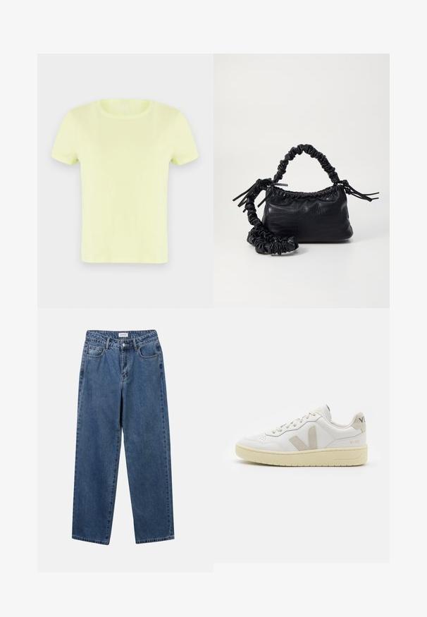 T-shirt jaune néon à manches courtes en coton. Doté d'un col rond classique et d'une texture lisse et légère.; Jean en denim bleu classique avec une coupe droite, cinq poches et une fermeture par bouton. Présente un lavage moyen et une texture robuste.; Baskets blanches en cuir avec des accents en daim beige, boîte à orteils perforée, lacets plats et semelle texturée crème. Présente un logo discret au talon.; Sac à main en simili cuir noir avec une texture crocodile, un dessus resserré et une sangle froncée. A l'apparence douce et compacte.