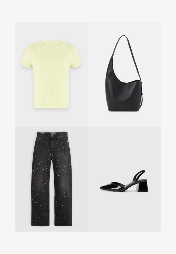 Neon geltonos trumpomis rankovėmis marškinėliai, pagaminti iš medvilnės. Su klasikinio apvalaus kaklo dizainu ir lygia, lengva tekstūra.; Juodi džinsai su laisvu fasonu, puošiami atsitiktinai išdėstytais sidabro, aukso ir baltais taškeliais. Sukurti su klasikinėmis kišenėmis ir metaliniais elementais.; Juodos lakuotos odinės šlepetės su smailiu pirštu ir geometriniu bloko kulnu. Turi elegantišką, minimalistinį dizainą ir lygų paviršių.; Juodas odinis hobo maišas su lygiu paviršiumi, kreipta forma ir viena reguliuojama rankena; turi platų atidarymą viršuje.