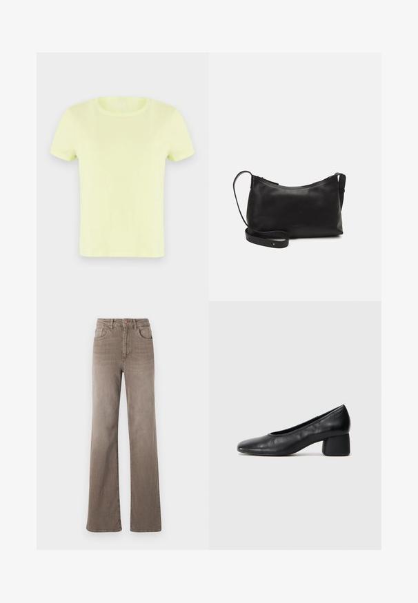 Neon geltonos trumpomis rankovėmis marškinėliai, pagaminti iš medvilnės. Su klasikinio apvalaus kaklo dizainu ir lygia, lengva tekstūra.; Rudos aukšto liemens tiesios kojos džinsai su priekyje esančiu mygtuku, dirželio kilpomis ir klasikiniu penkių kišenių dizainu baltoje fone.; Juodai odiniai aukštakulniai batai su apvaliu pirštu ir vidutiniu bloku. Lygi tekstūra su minimaliu apdailos, turinčia subtilų elastingą atidarymą.; Juodas odinis petinis krepšys su lygiu paviršiumi, išlenkta forma, reguliuojama dirželiu ir užtrauktuku. Minimalistinis dizainas be puošmenų.