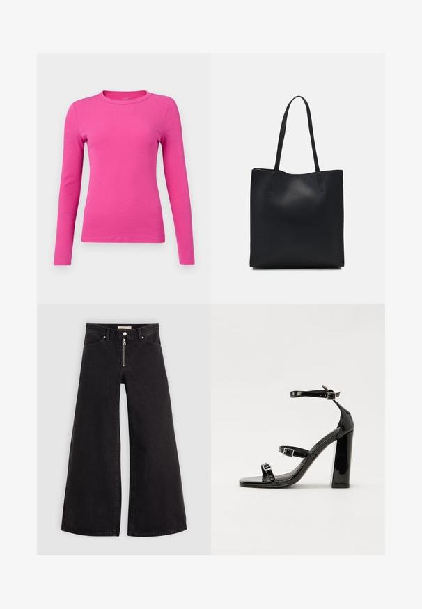 GAP ESSENTIAL - Ilgarankovis viršutinės dalies drabužis - happy pink; Plačios kojų džinsai iš juodo džinsinio audinio su užtrauktuku priekyje, penkių kišenių dizainu ir subtiliais siuvinėjimo akcentais. Lygus paviršius ir laisvalaikio stilius.; Juoda blizgi lakuota basutė su kvadratiniu pirštu, kulkšnies dirželiais ir sidabro sagtimis. Yra tvirta blokinė kulno konstrukcija, užtikrinanti stabilumą.; Juodas odinis tote krepšys su lygia tekstūra, stačiakampio formos ir dviem ilgais rankenomis. Matomų metalinių detalių ar puošybos nėra.