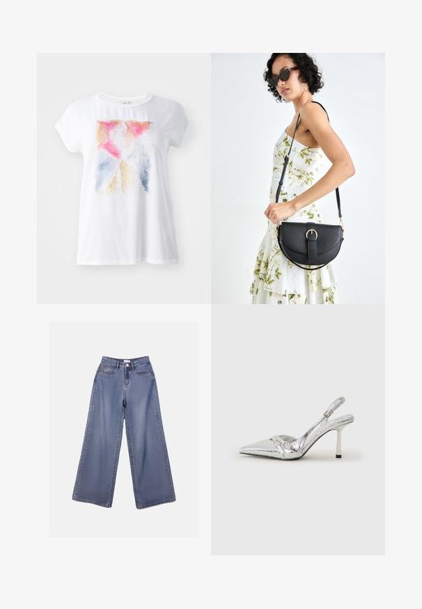 White short-sleeve t-shirt featuring a colorful abstract design with pink, blue, and gold accents. Soft texture, casual fit.; Wide-leg denim jeans in a light blue wash, featuring a high waist, front pockets, and a button closure with belt loops.; Silver slingback high heel shoe with a pointed toe, metallic finish, two decorative straps, and a slender heel with a black tip.; Black leather handbag with a curved shape, detachable strap, and gold hardware. The bag features a flap with a buckle detail.