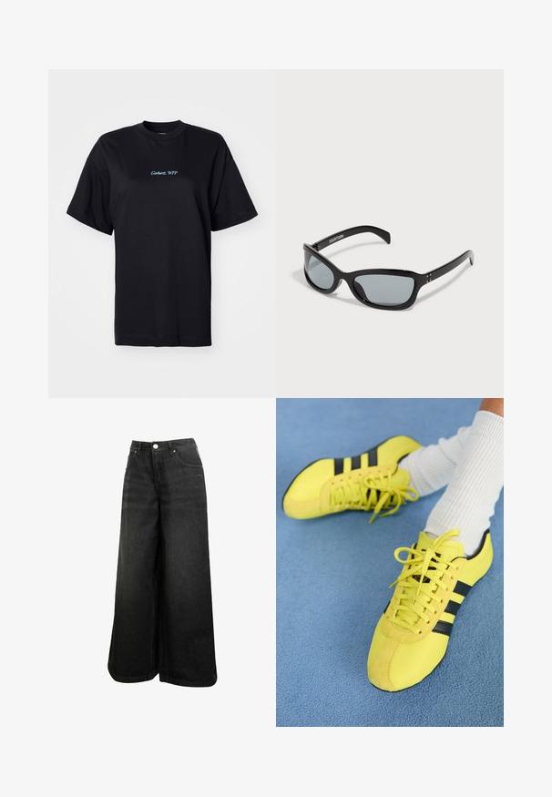 Camiseta de algodón negra con un corte relajado. Presenta "Carhartt, WTP" bordado en azul claro en la parte frontal, con cuello redondo y mangas cortas.; Vaqueros de mezclilla negros de pierna ancha con cintura alta, botón frontal, bolsillos y un sutil logo en el bolsillo delantero.; Zapatillas deportivas de color amarillo brillante con rayas y cordones negros; presentan una parte superior texturizada y acentos de ante. Se usan con calcetines blancos de canalé.; Gafas de sol negras con un diseño angular y elegante. Presentan lentes grises y montura de plástico brillante. Incluyen pequeños acentos metálicos y una marca en la patilla.; Bolso de mano de cuero negro con dos asas cortas, herrajes plateados, detalles en blanco y un logotipo blanco. Presenta una superficie texturada y un diseño compacto.