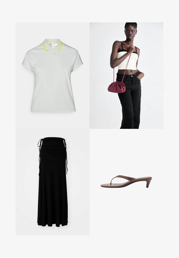 Polo tričko v světle šedé barvě s žlutým límcem. Má krátké rukávy a zapínání na knoflíky. Měkký, hladký materiál bez vzorů.; Černé šaty ke kotníkům vyrobené z měkké, elastické látky s nařaseným korzetem a nastavitelnými stahovacími šňůrkami po stranách, vytvářejícími splývavý siluet.; Hnědé sandály s podpatkem a tenkým páskem, zaoblenou špičkou a malým zlatým akcentem na stélce.; Burgundská měkká taška s nabíraným designem a dlouhým popruhem, nošená přes tělo. Model má na sobě bílý crop top a černé džíny.
