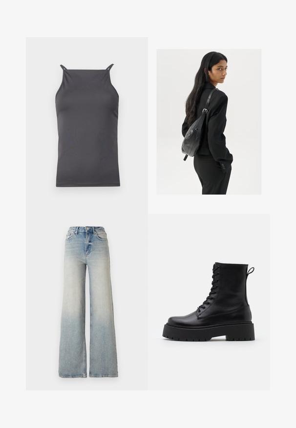 Grijze mouwloze top gemaakt van glad, lichtgewicht stof. Heeft dunne schouderbanden en een eenvoudige, aansluitende pasvorm.; Lichtblauwe wijdlopende spijkerbroek van denim, met een hoge taille, vijf zakken en zichtbare stiksels langs de naden.; Zwarte leren enkelboots met een ronde neus, vetersluiting aan de voorkant en een dikke rubberen zool met een gestructureerd profiel. Trekbandje aan de achterkant.; Vrouw met lang donker haar in een zwart pak, met een zwart leren schoudertas, die over haar schouder kijkt tegen een witte achtergrond.
