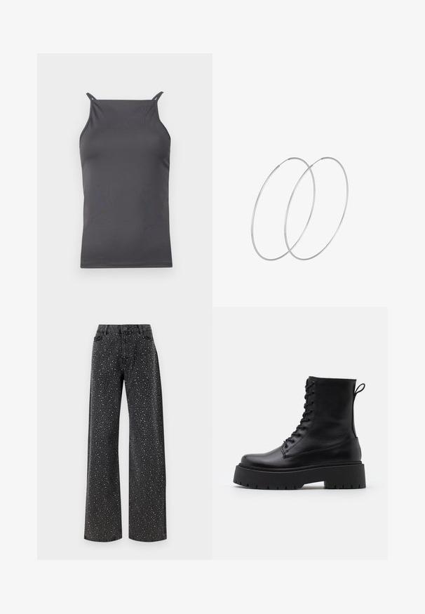 Hihaton harmaa paita, joka on valmistettu sileästä, kevyestä kankaasta. Siinä on ohuet olkaimet ja yksinkertainen, kapea malli.; Noisy May NMJANNEL LOOSE - Relaxed fit -farkut - black denim; Musta nahkainen nilkkureita, joissa on pyöreä kärki, nauhakiinnitys edessä ja paksu kumipohja, jossa on teksturoitu pinta. Takana vetotappi.; Hopehope hopeilla, joissa on minimalistinen muotoilu. Pyöreä muoto, sileä pinta ja ohut profiili. Kevyet ja kiillotetut.