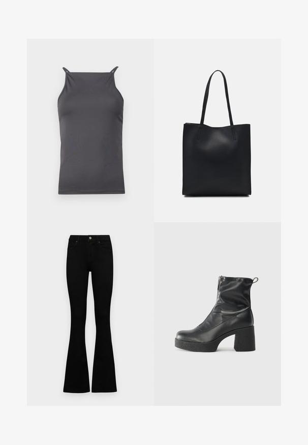 Top gri fără mâneci, realizat dintr-un material neted și ușor. Are bretele subțiri și un design simplu, ajustat.; Jeans negri cu talie înaltă, cu închidere prin nasture și fermoar, buzunare frontale și picioare evazate, așezați pe un fundal alb.; Bocanci negri de glezna din piele netedă, cu fermoar lateral, toc texturat și masiv, și design cu vârf rotund.; Geantă tote neagră din piele, cu textură netedă, formă rectangulară și două mânere lungi. Fără hardware vizibil sau ornamente.