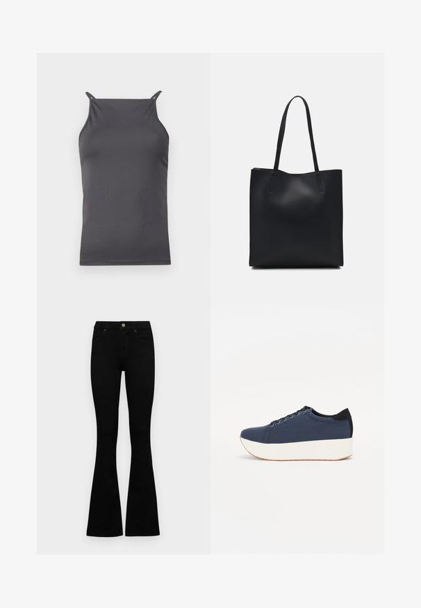 Grijze mouwloze top gemaakt van glad, lichtgewicht stof. Heeft dunne schouderbanden en een eenvoudige, aansluitende pasvorm.; Zwarte hoge taille jeans met een knoop- en ritssluiting, voorzakken en een flared pijp, plat gelegd op een witte achtergrond.; Marineblauwe sneaker met een textuurstof bovenwerk, witte platformzool, ronde neus en zwart hakaccent. Voorzien van zes gaatjes voor veters.; Zwarte leren handtas met een gladde textuur, rechthoekige vorm en twee lange handvaten. Geen zichtbare hardware of versieringen.